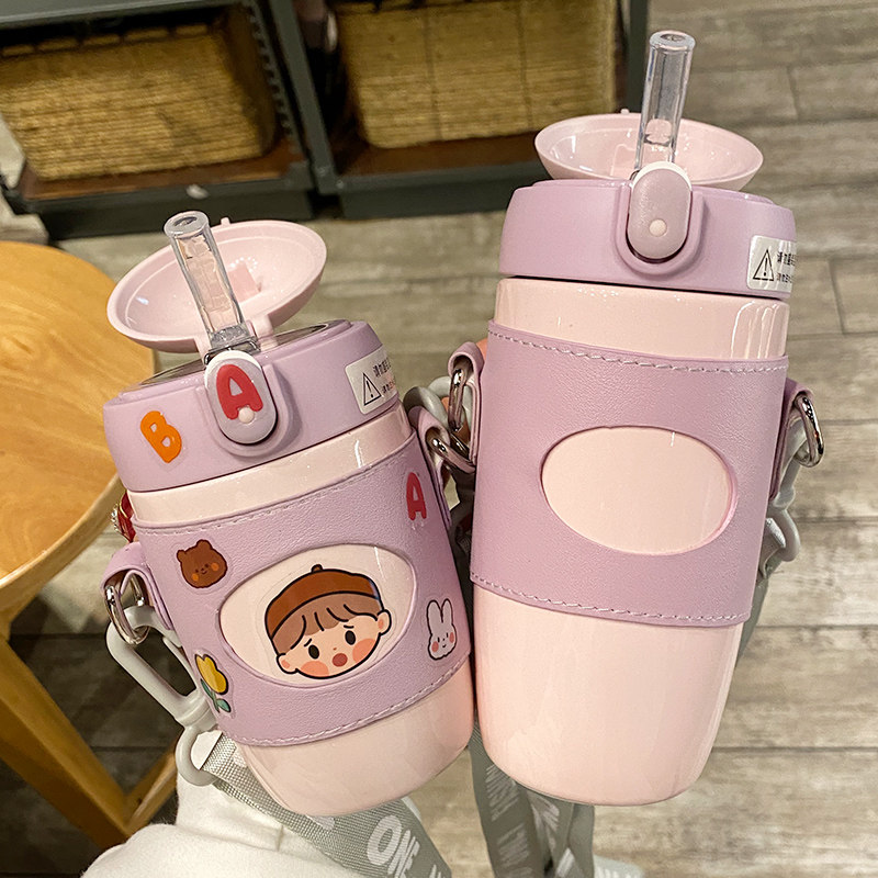 Minimalist straws insulated water glasses Children anti-fall inclined satchel Children's cute portable Kindergarten elementary school children's insulated cup