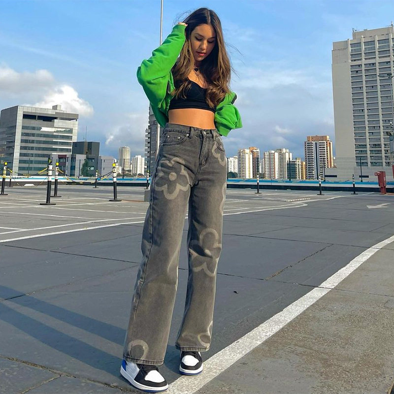 2021 Fall new Oumei Street flawless flowers Graffiti printed black High waist straight cylinder Thin Washed Jeans
