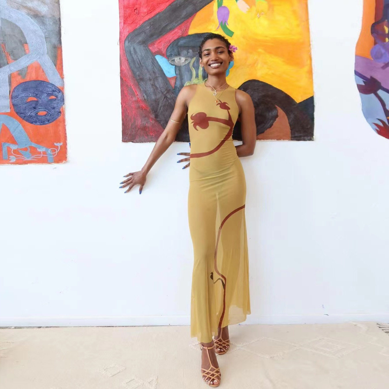 European and American wind 2022 spring and summer new women's clothing web yarn printed round collar logistics Sexy perspective Body Dress