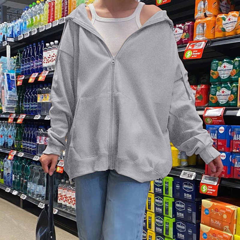 Autumn Winter Pure Color 2021 European And European Loose Motion Casual Wind New Women's Dress Grey Pull Chain Lianhood Sportswear Jacket