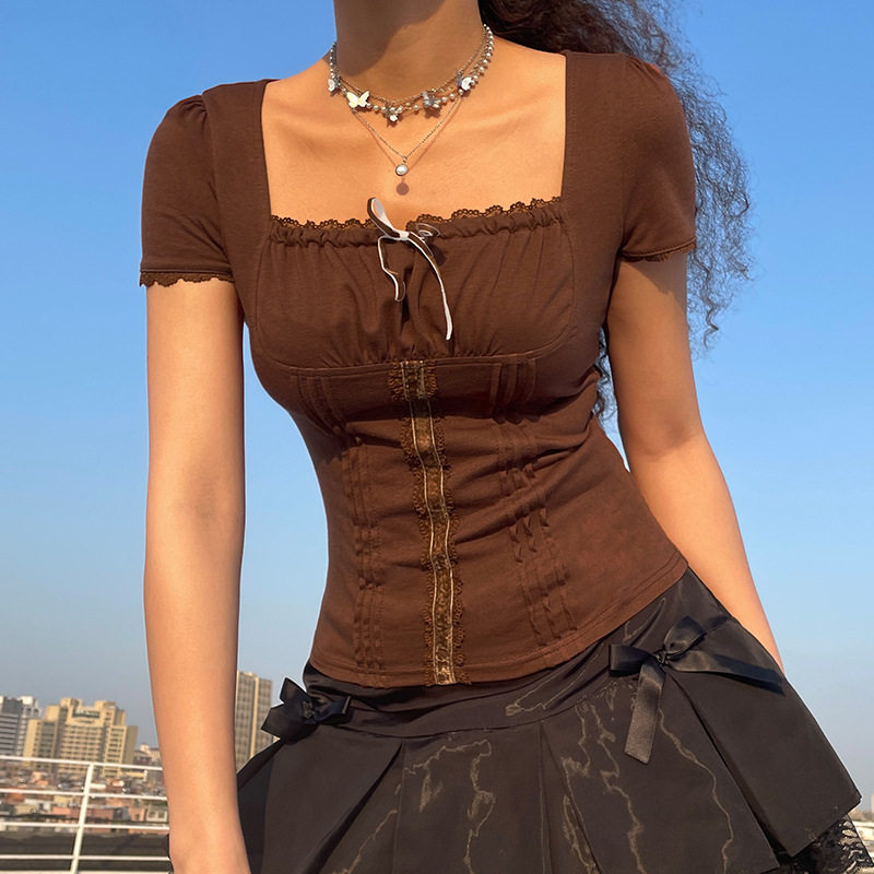 New products from Europe and America 2022 Spring retro ancient brown sweet and beautiful lace floras with low chest and a sexy blouse T-shirt