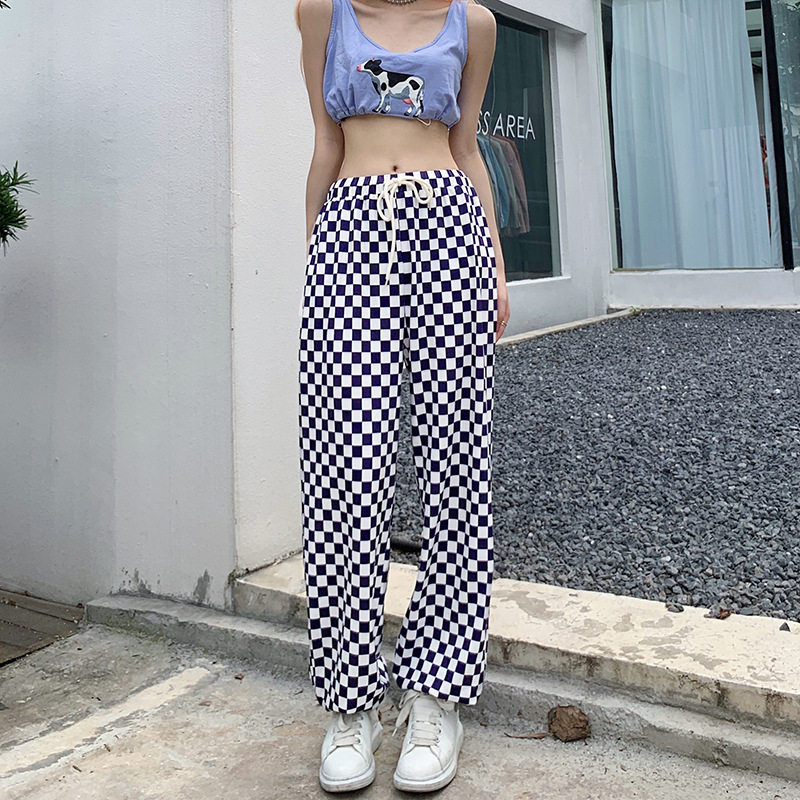 2021 Fall European and American Street Head fashion bouquet Purple Plaid hit Laces Broadleg Loose Casual Pants Long Pants