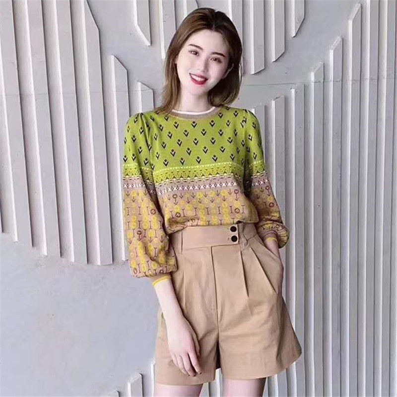 Year Amasch New Special 2022 Spring Autumn New Special Cabinet Collared Jacquard Craze Lantern Sleeves Stitch Sweater Sweater