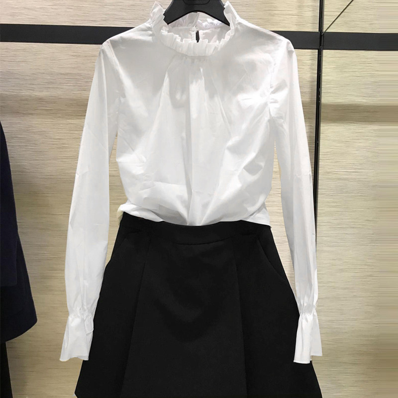 Year Amashinte 2022 spring and autumn new counter women's trumpet sleeve stand-up collar white shirt women's top