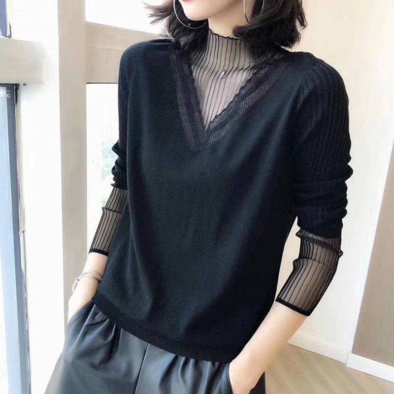 Pingbrother New 2022 Spring and Autumn New cabinet screen splicing and half - collar knitting sweater dress