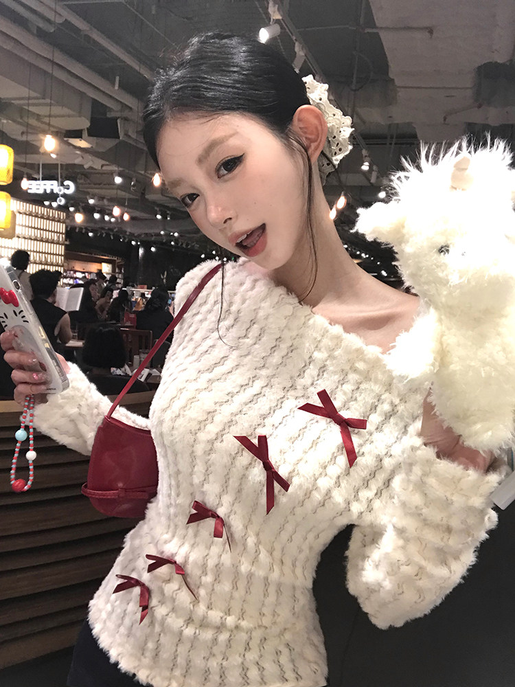 Off-Shoulder Bow-Tie Sweater: 3-Season Layering Top - Taobao product photo 6