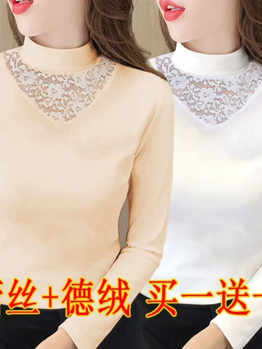 Кружевной бархатный базовый комплект, приятный телу удерживающий тепло лонгслив, высокий воротник, в западном стиле, 2 предмета
