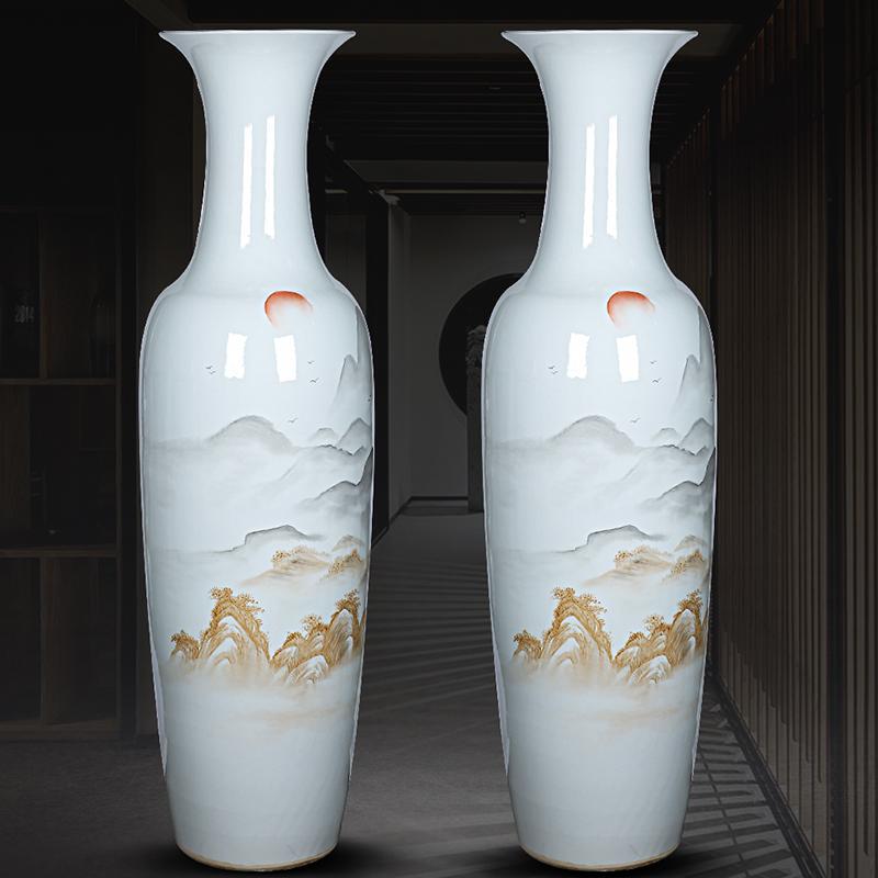 Jingdezhen Ceramic Hand-Painted Sunrise Landscape Large Vase Floor-Standing Living Room Modern Decorative Ornament