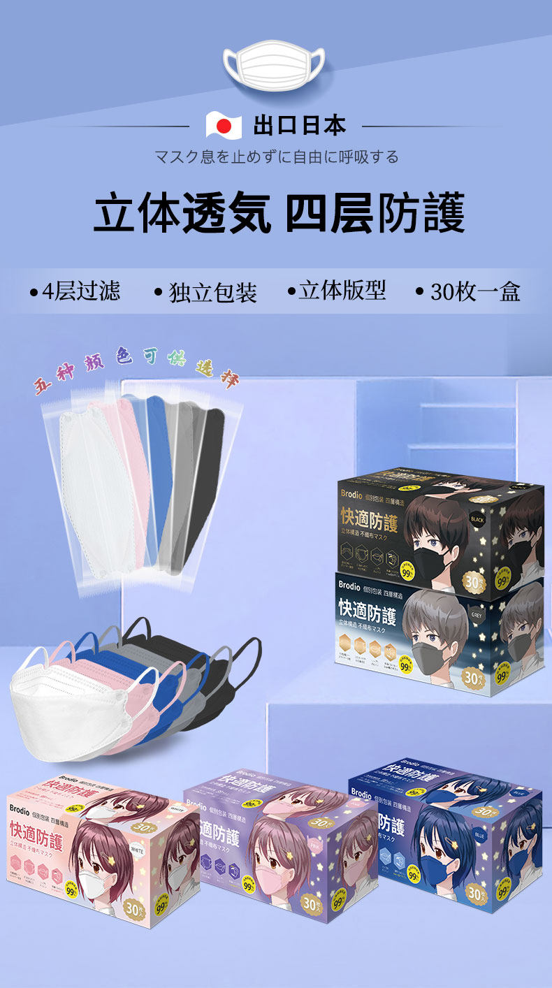 Brodio 四层立体空间口罩 30个独立装 天猫优惠券折后￥19.9包邮（￥39.9-20）3色可选