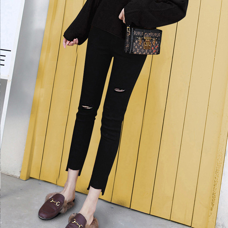 Black Broken Hole Small Black Pants Nine Points Inner Lap Pants Woman External Wear Spring Summer Thin height waist display slim elastic narrow footed pants