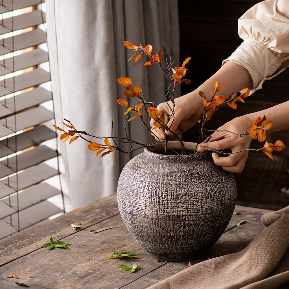 Day-style retro-mottled stone tattooed ceramic creative dry vase Xuanguan Minjuku TV cabinet flower arrangement decorations big swing pieces-Taobao