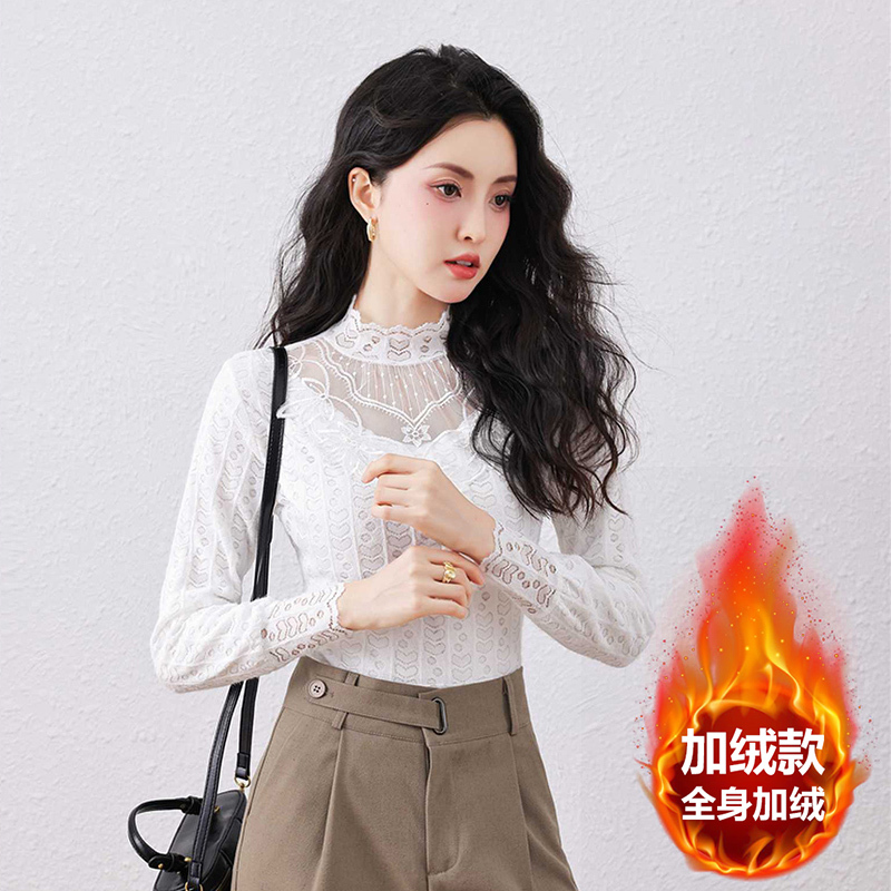 2026 New Autumn and Winter High-Neck Fleece-Lined Lace Base Shirt for Women, Slim Fit, Stylish, High-End Chiffon Top
