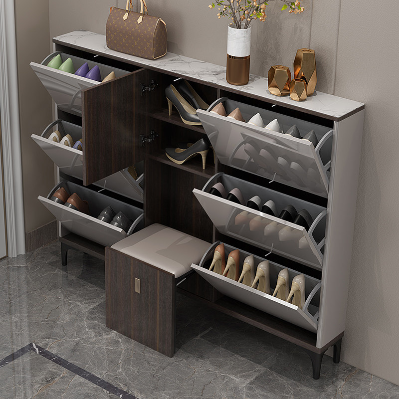 Tipping bucket shoe cabinet light luxury style paint ultra-thin shoe cabinet with changing shoe stool multi-functional hall cabinet entry door storage