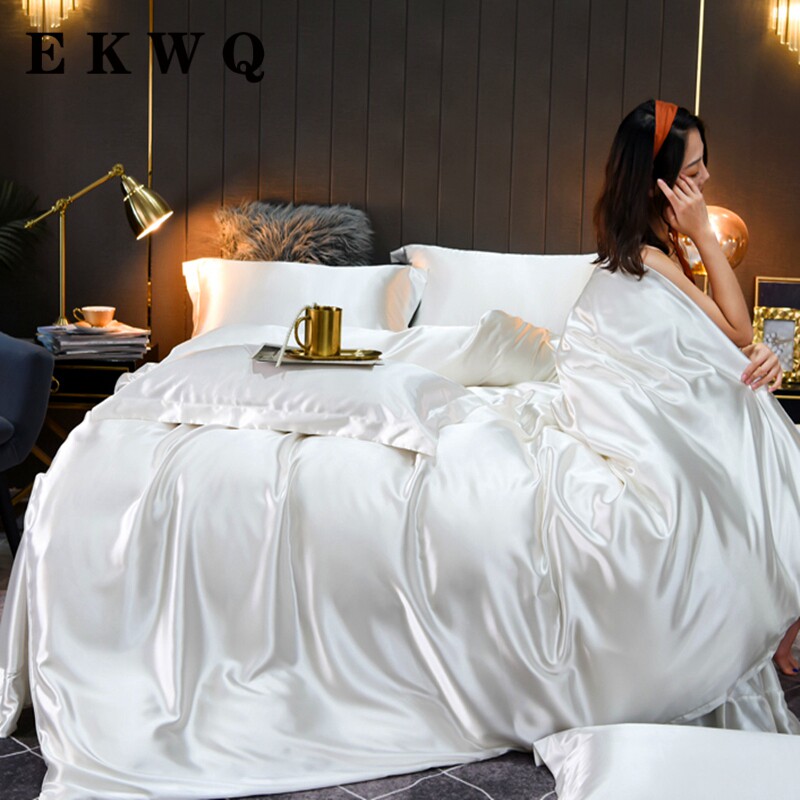 EKWQ summer silk four-piece mulberry silk t quilt cover Ice silk bed single silk satin high-grade tencel bedding