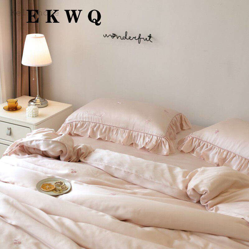 EKWQ Princess Wind 80 Heather Four Pieces Of Ice Silk Bifacial Lotus Leaf Side Cherry Embroidered Naked Sleep Summer Bed