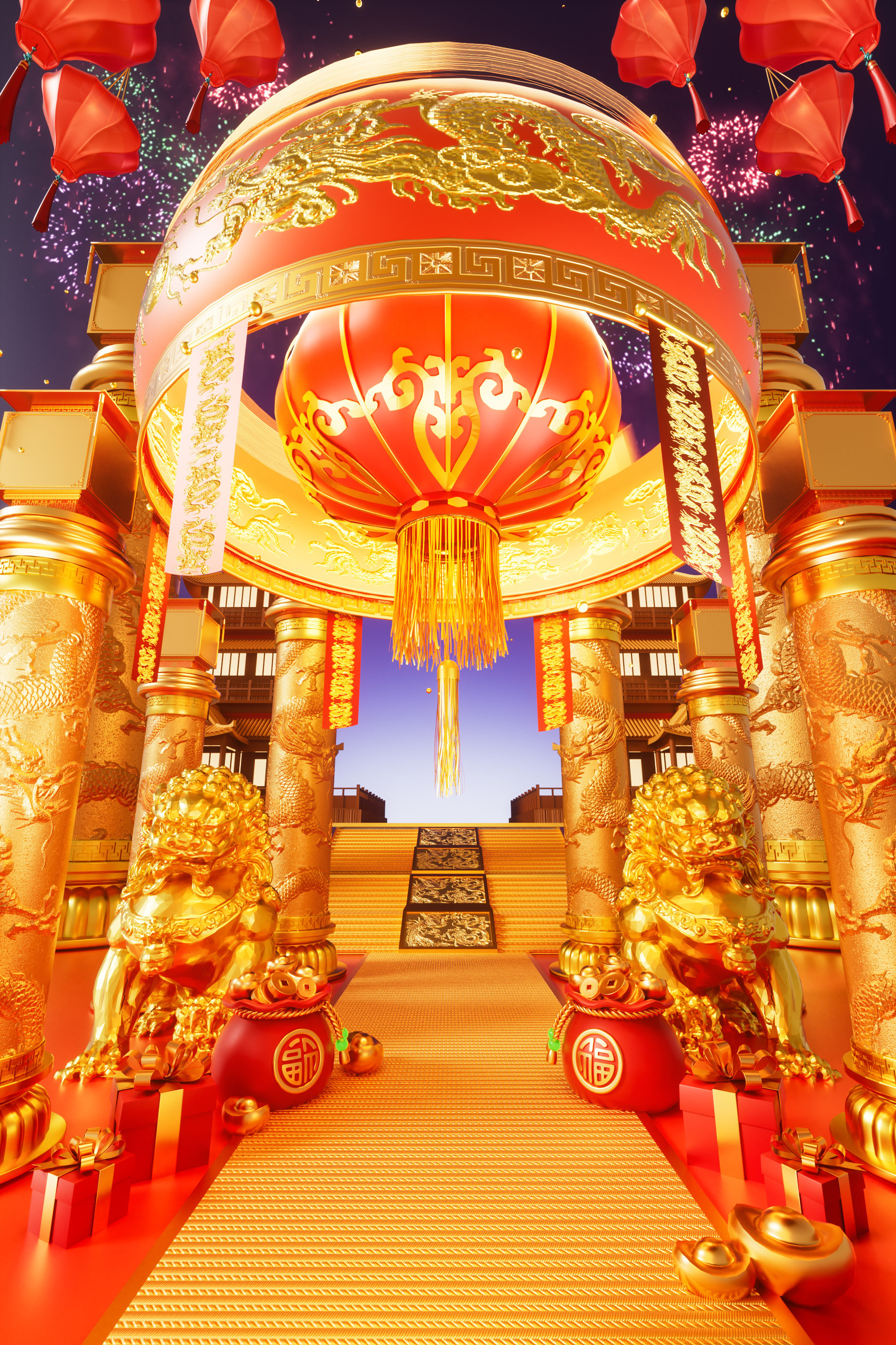 C4D马年春节年货节喜庆阶梯金色OC渲染3D立体场景-cg男孩