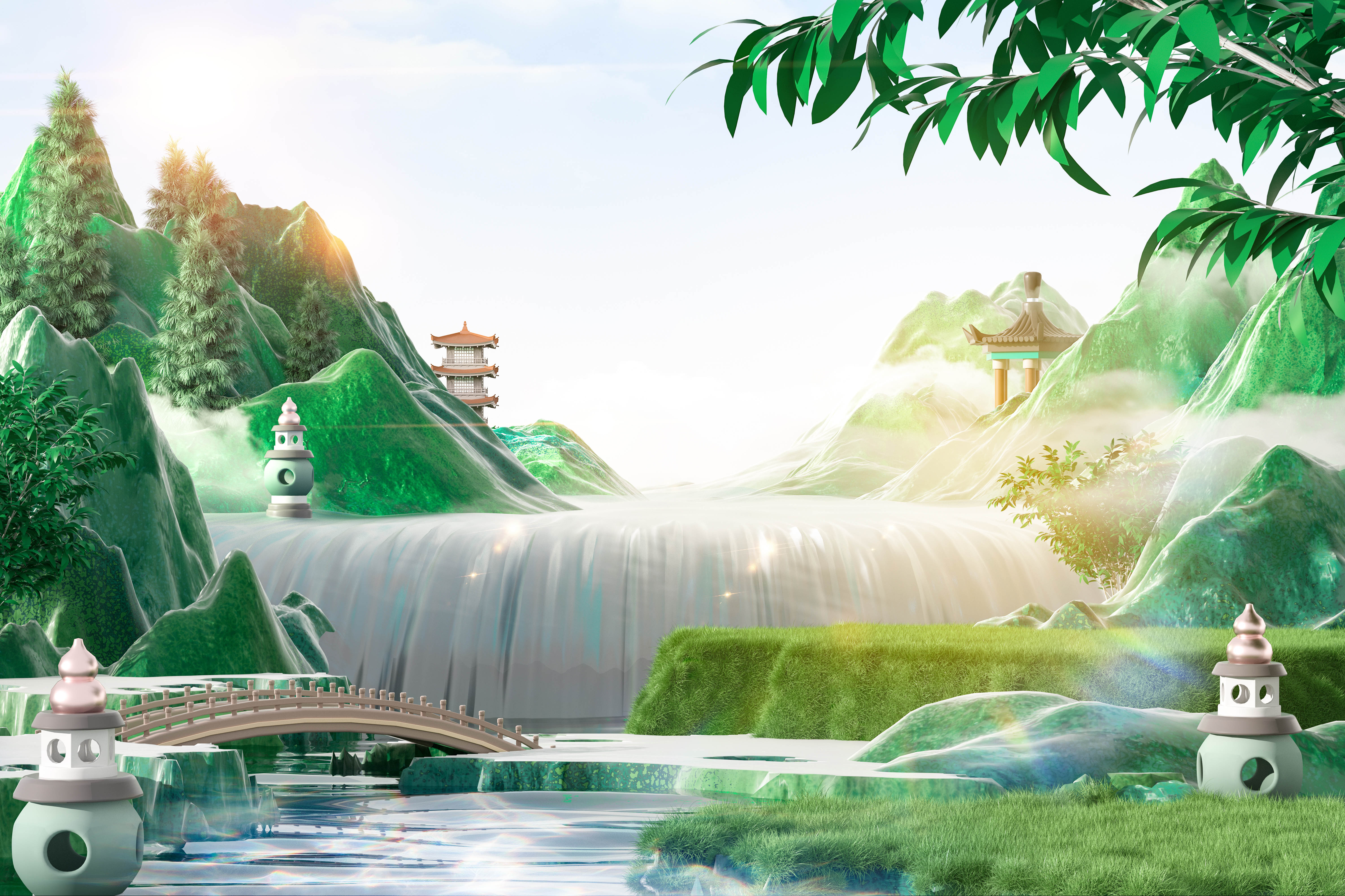 C4D夏天夏季中国风山水展台3D模型场景OC渲染-cg男孩