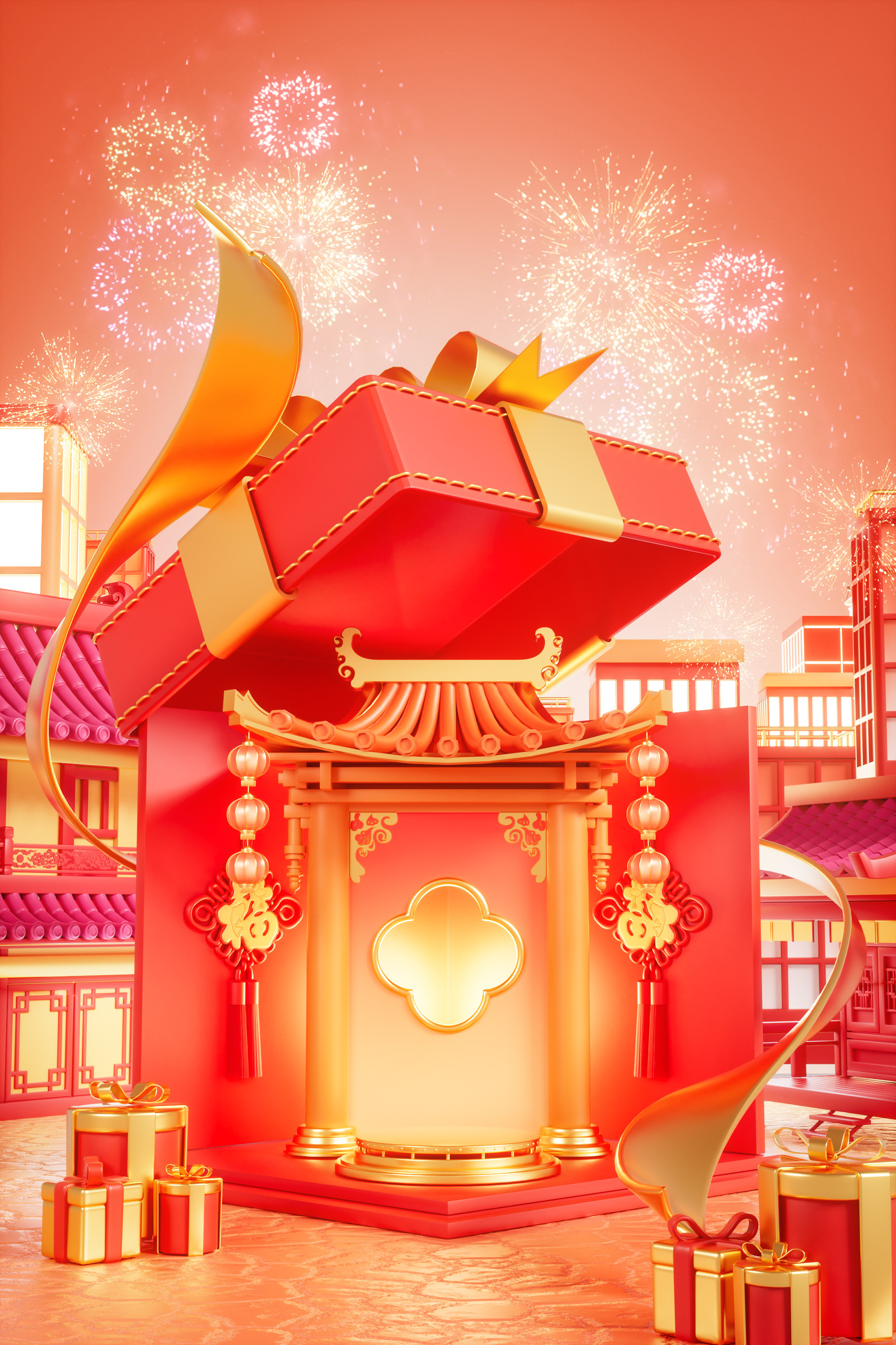 C4D2026马年春节年货红色喜庆礼盒电商OC渲染3D立体场景-cg男孩