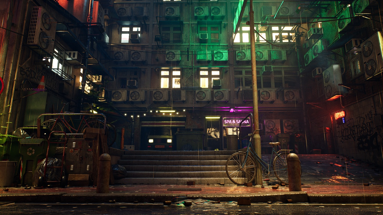 图片[3]-UE5雨天霓虹招牌赛博旧城市街道夜晚游戏场景 Rainy Neon Streets-cg男孩