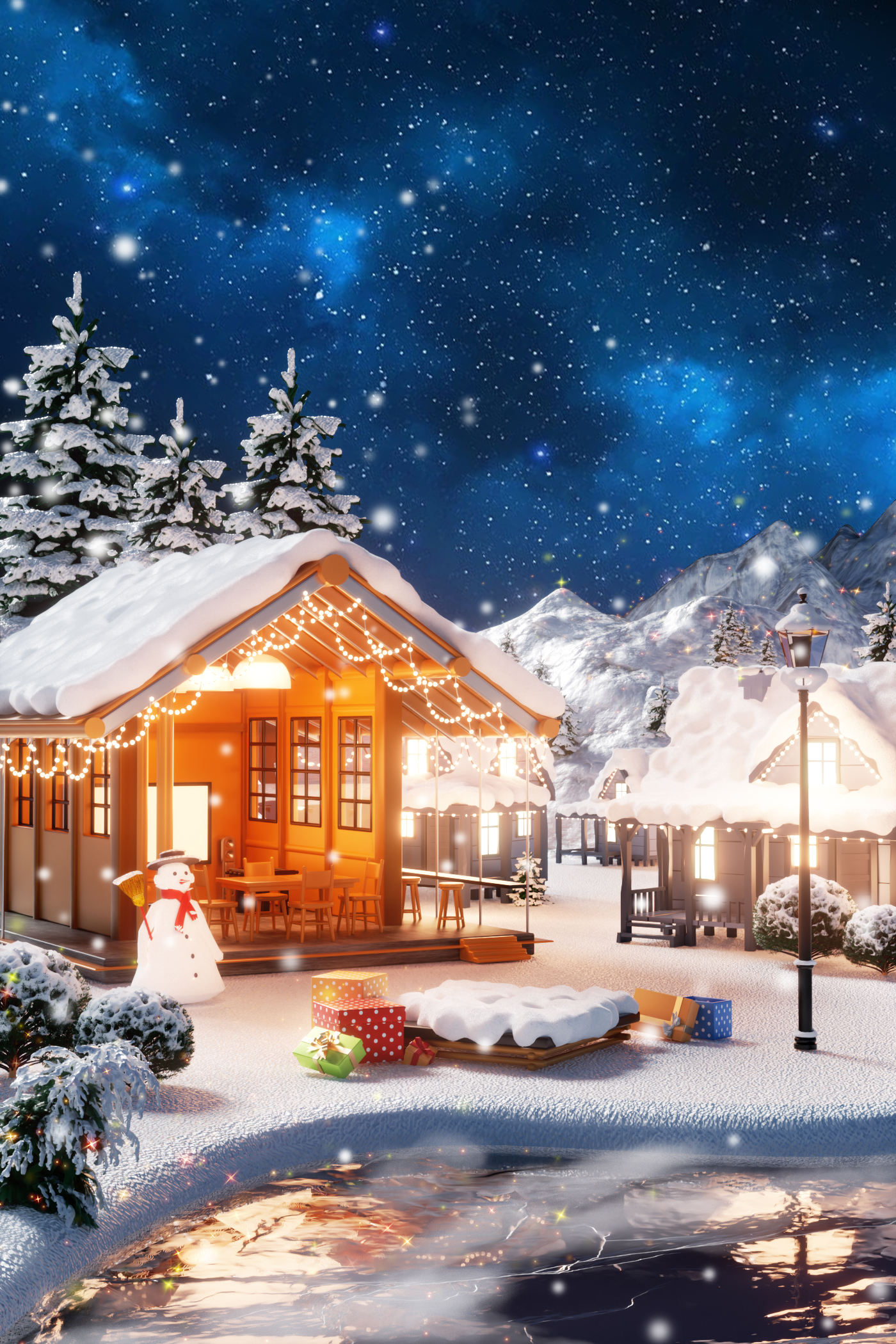 C4D冬季商店小屋雪人雪山湖面冬天室外OC渲染3D立体场景-cg男孩