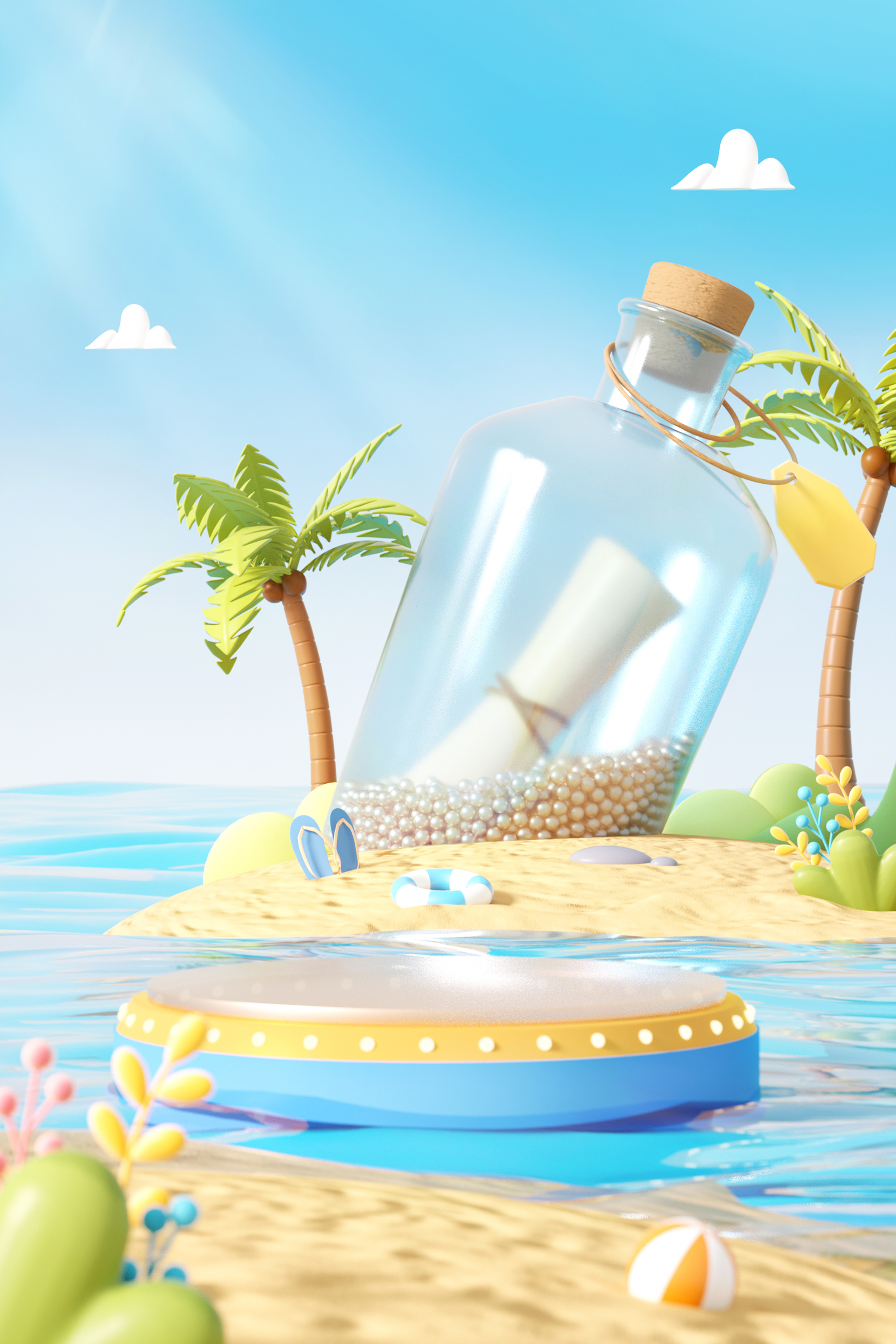 C4D夏日夏季海边沙滩电商促销展台OC渲染三维模型场景-cg男孩