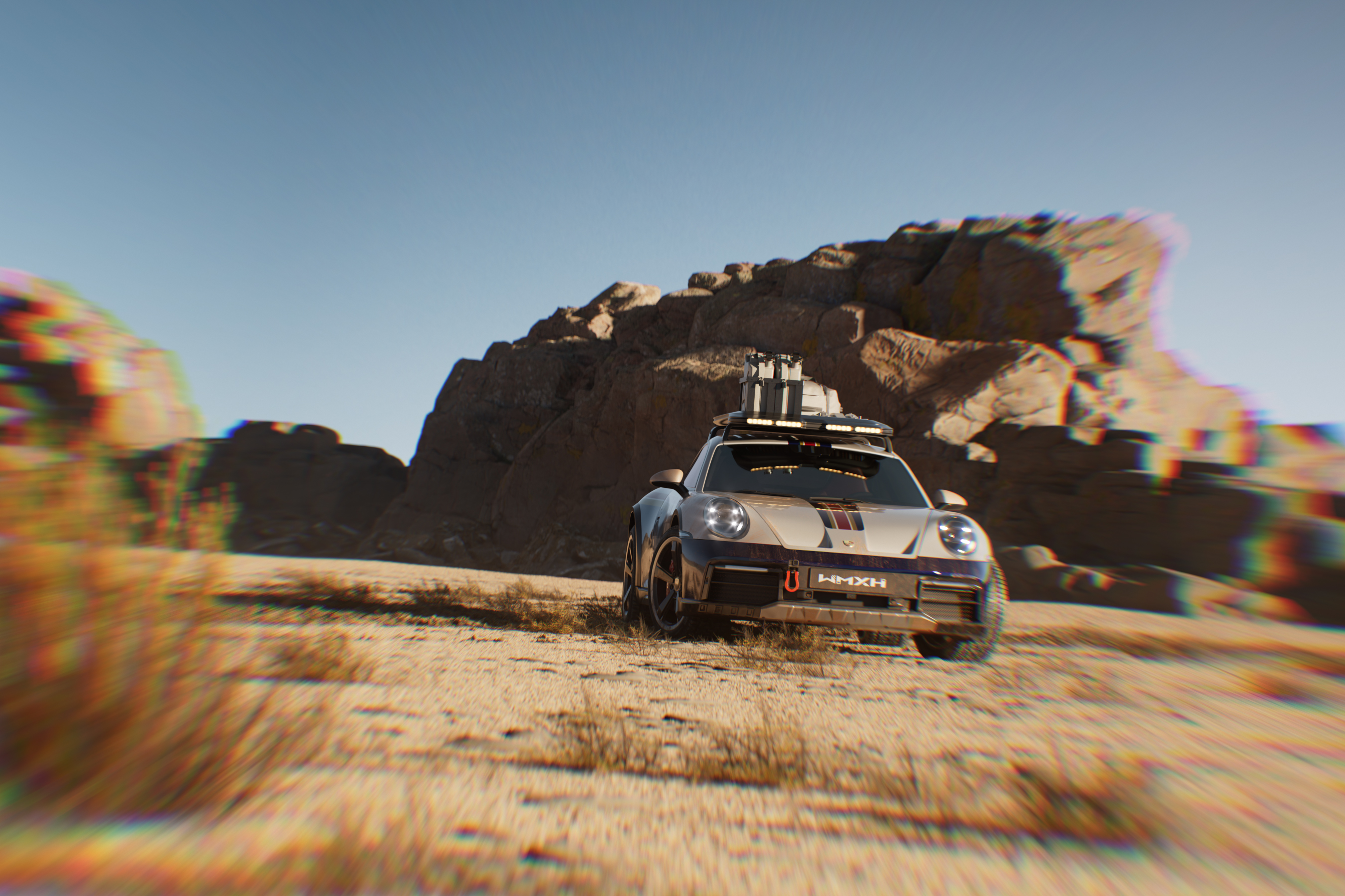 C4D写实荒漠保时捷911跑车汽车OC渲染三维模型场景-cg男孩