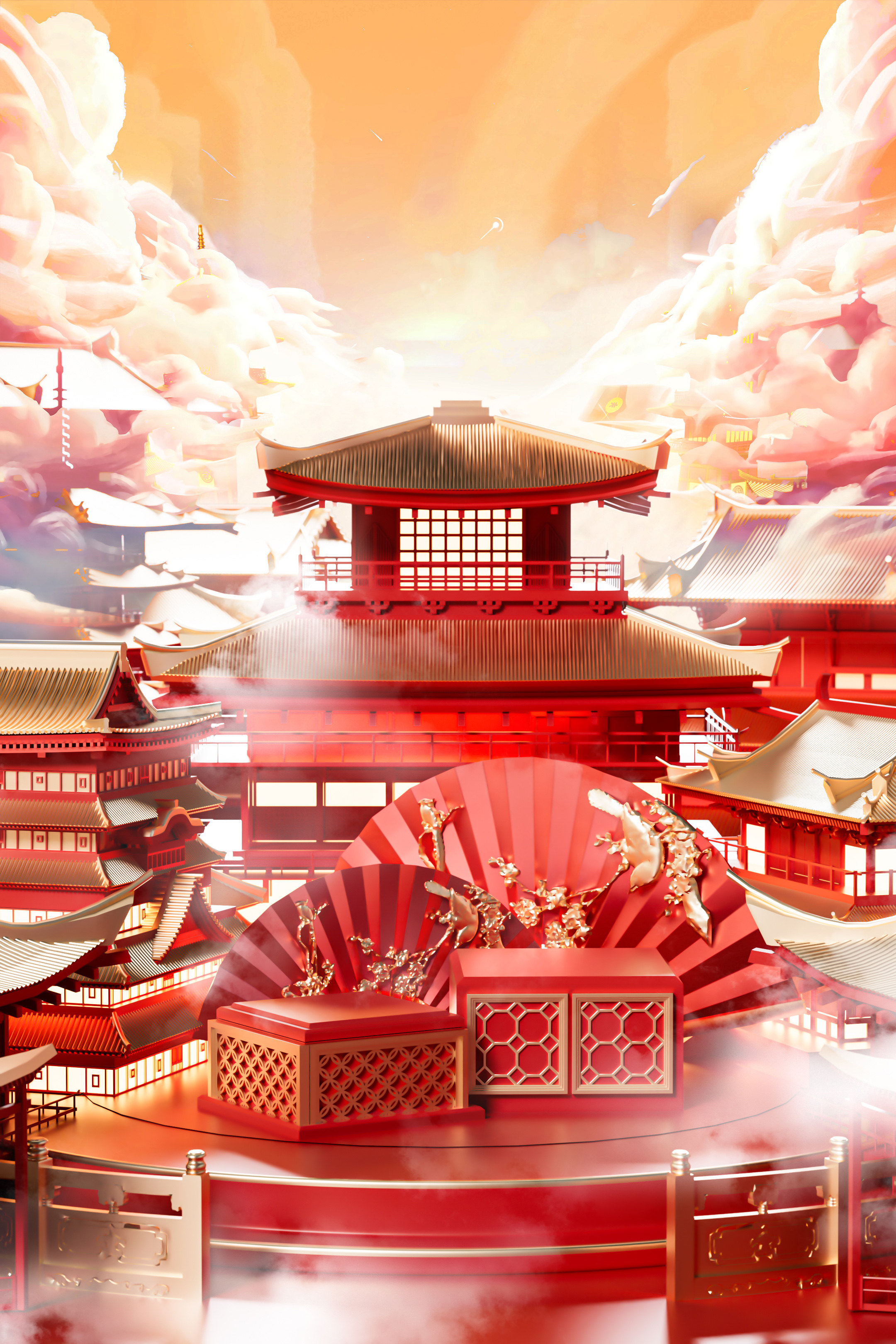 C4D中国风国潮红金建筑创意电商展台OC渲染3D立体场景-cg男孩