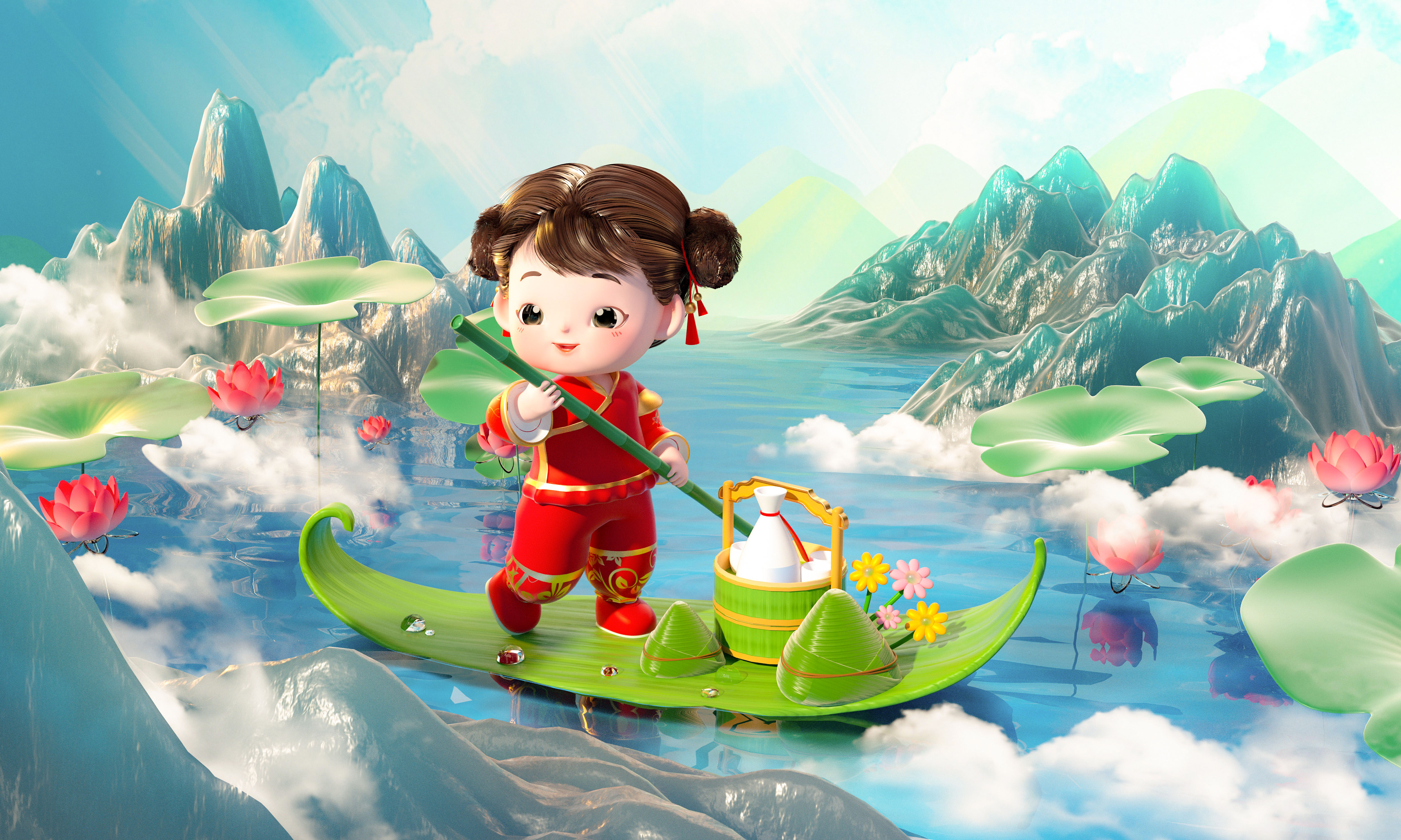 C4D国潮风端午节女孩划粽叶小船OC渲染三维模型场景-cg男孩