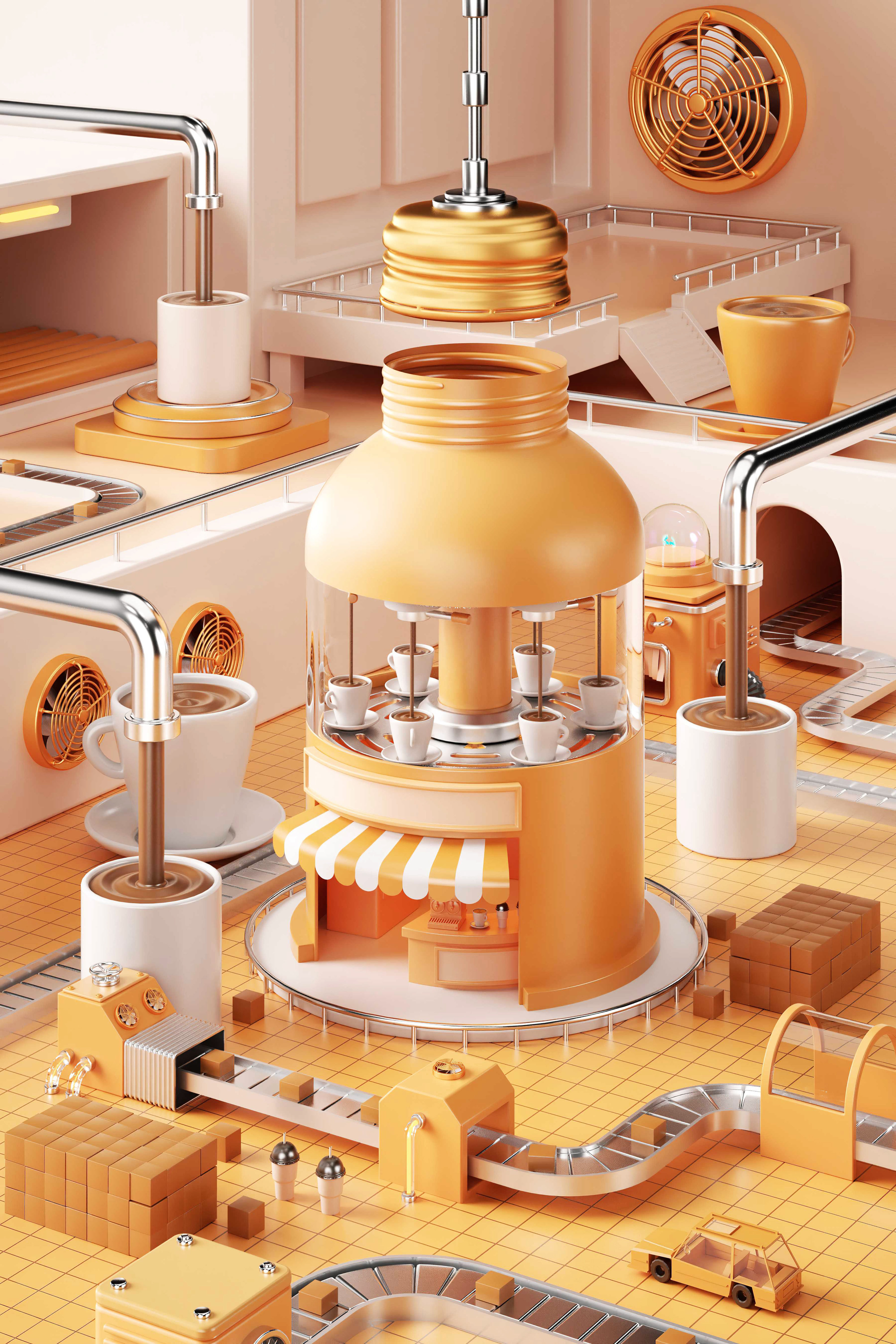 C4D咖啡创意制作流水线工厂电商OC渲染3D立体场景-cg男孩