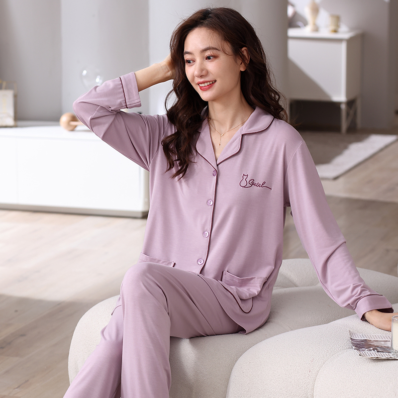 Fentengke Women's Modal Cardigan Pajamas, Long-Sleeved Long Pants, Summer Style, Plus Size, Middle-Aged Mom's Loungewear Set