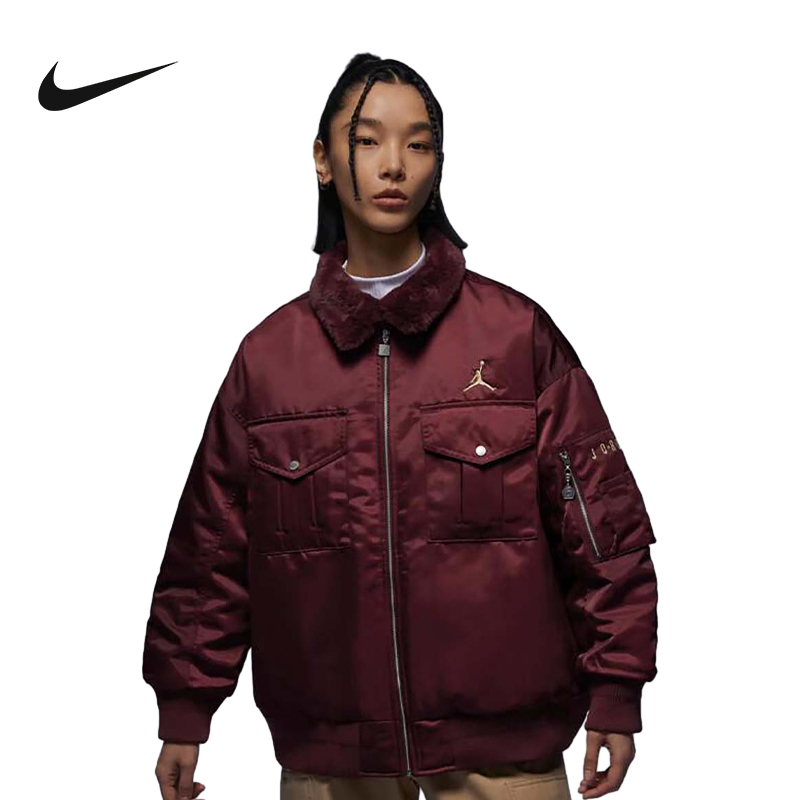 Nike Women's Jacket New Year's Edition Warm Lapel Dragon Year Embroidery Red Bomber Jacket Cotton Coat Fz6449-619 Nike Women's Jacket New Year's Edition Warm Lapel Dragon Year Embroidery Red Bomber Jacket Cotton Coat Fz6449-619