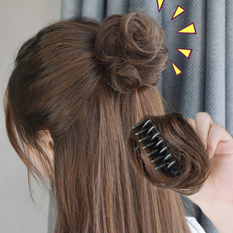 Real hair curly hair ring ball head wig female fluffy lazy hair accessories net red envelope coil hair artifact cute flower bud bun