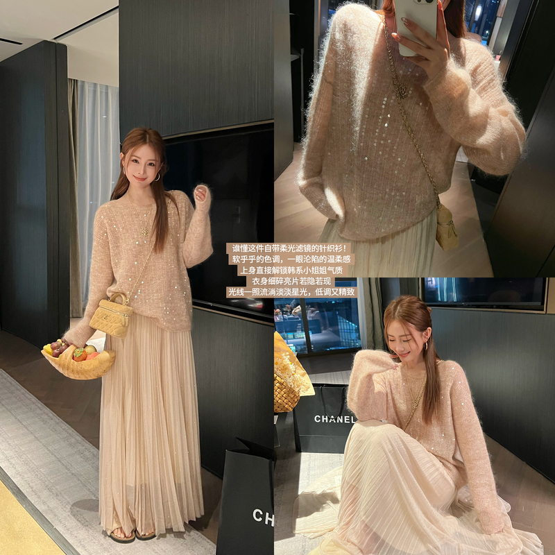 Sg/Yang Yishan Fw Light and Shadow Flowing Handmade Sequin Wool Mohair Knit Sweater for Women Early Autumn New Style