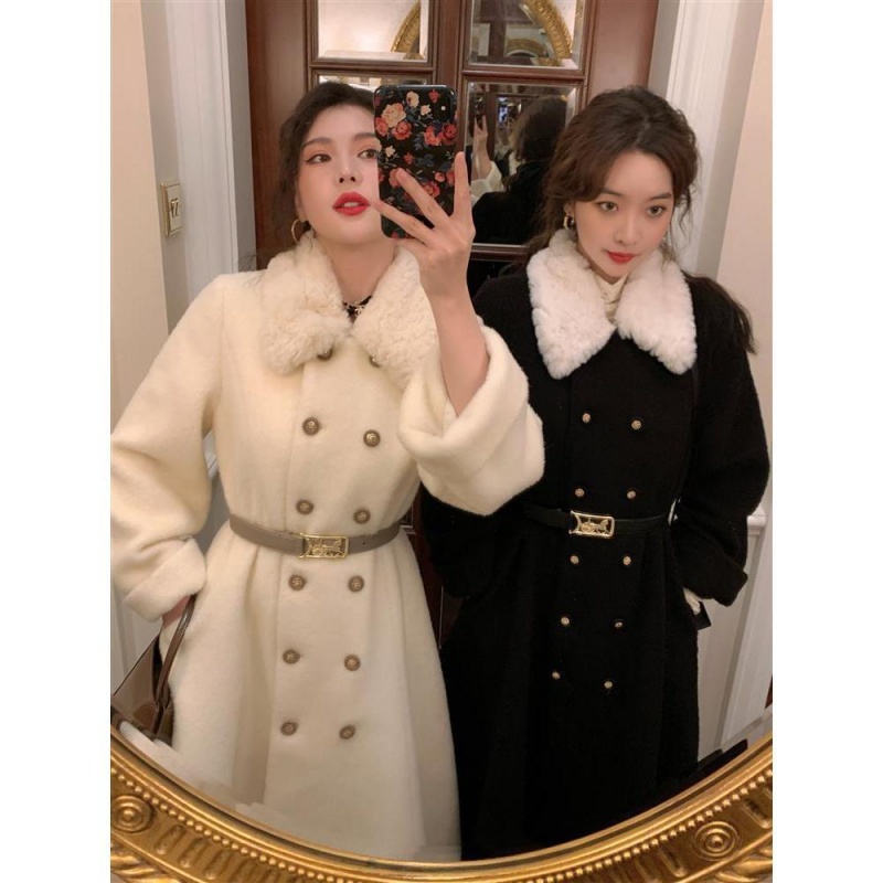 Woolen sweater women's coat fur collar lady grand lady 2020 autumn and winter new double row button small turnover for long version in the waist