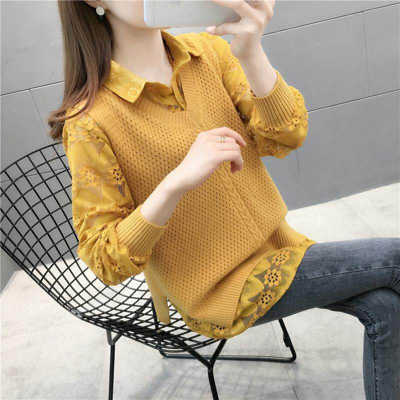Two-piece sweater women's spring autumn season new Korean version knitted vest 100 hitch-shirt blouse with undershirt tide
