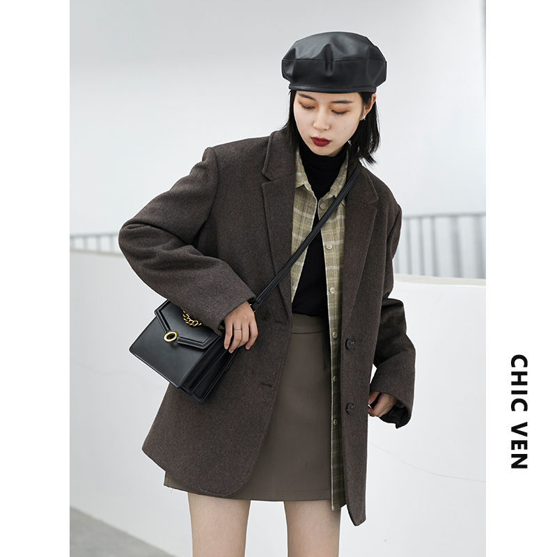 CHICVEN Korean version casual wide shoulder woolen coat autumn and winter new 2020 suit shop cotton coat women