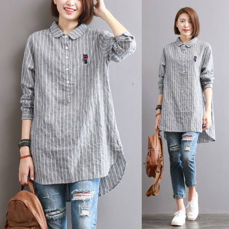 Cotton shirt women's autumn clothing Korean style loose embroidery plaid stripe long-sleeved loose mid-length doll collar shirt women