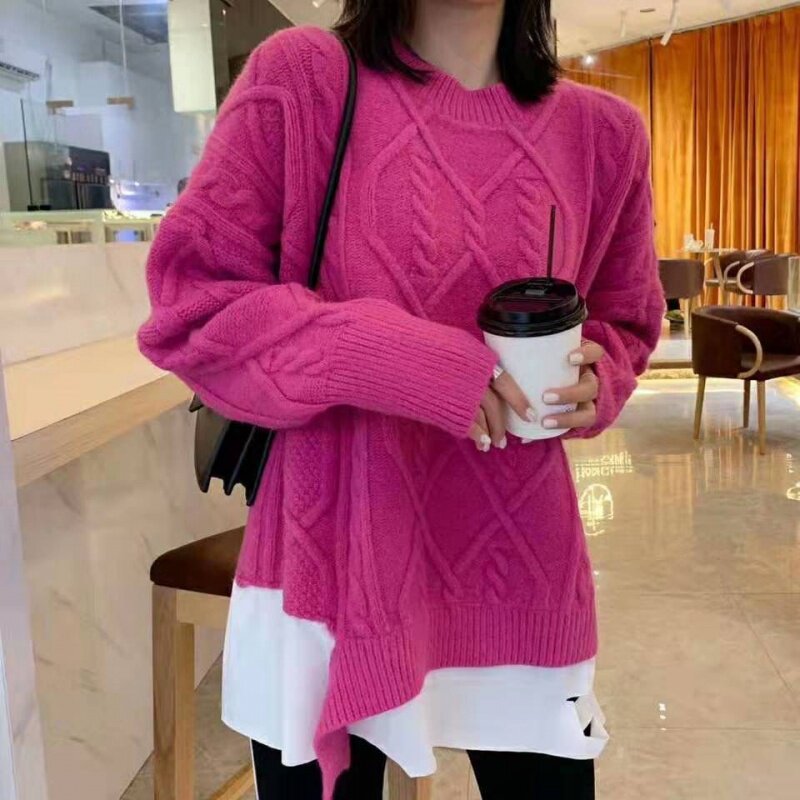 2020 new autumn and winter Korean version Fashion retro twist mosaic Broken Hole Fake two sweater Lazy Wind Knit Blouse