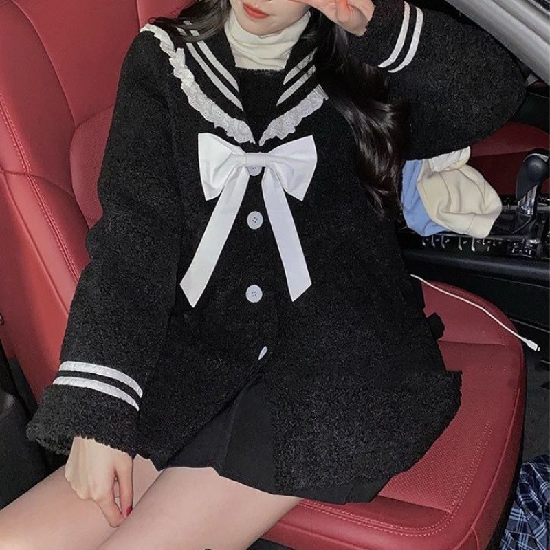 Day Faculty Wind Navy collar Long version of lamb wool jacket Women small subservience Warm Fur Coats Cotton Clots