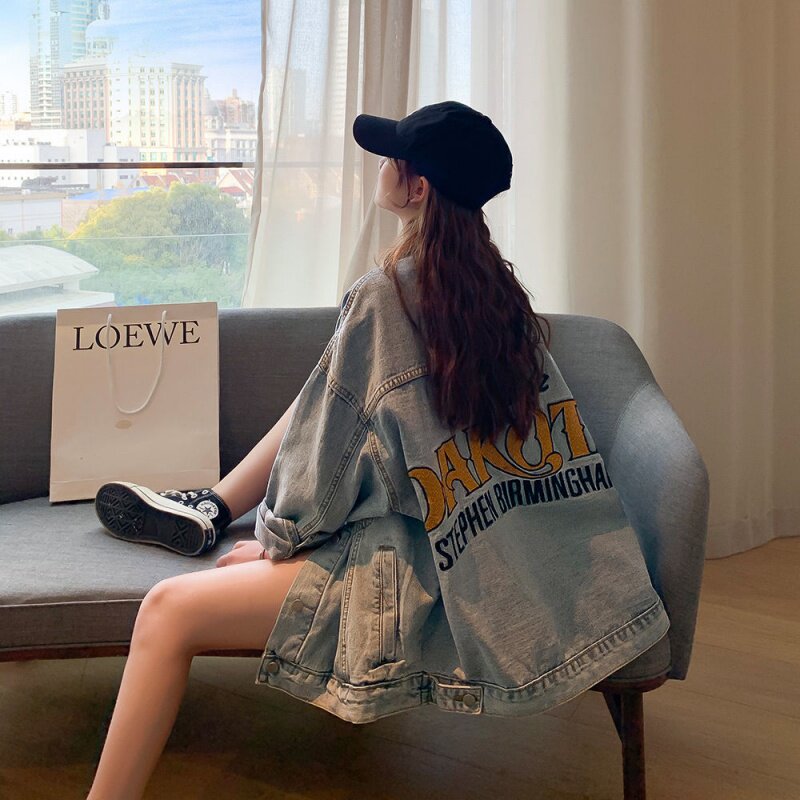 Denim Jacket Schoolgirl Han Edition Loose 2020 Fall new Heavy Industry Letters Embroidered Harbour Taste long version of blouses