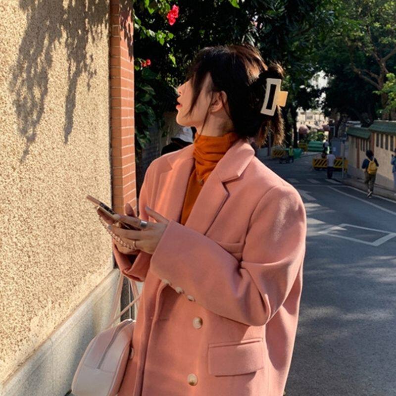 Autumn and winter Korean version 2020 new loose mid-length version silhouette quilted thickened fried street wool long-sleeved suit jacket women