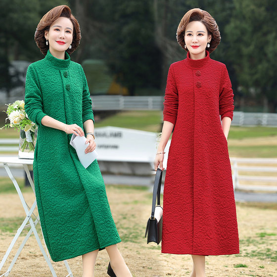 Internet celebrity same style thickened stretch bottoming skirt women's long spring and autumn long-sleeved A-line skirt stand-up collar rose embossed dress