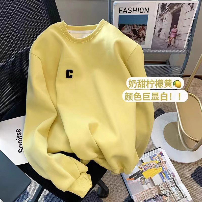 Pure Cotton Round Neck Sweatshirt for Women, Autumn 2026 New Thin Loose Pullover with Fleece Lining, Printed Base Layer for Autumn and Winter