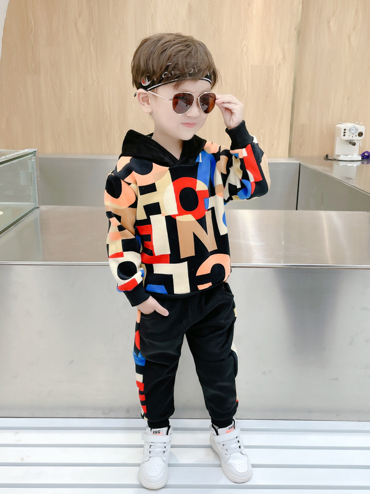 Boy Clothing Boy Autumn Clothing Suit Plus Suede Autumn Winter Middle Children 2021 New Children Long Sleeve Sweatpants Thick Cotton T Two sets
