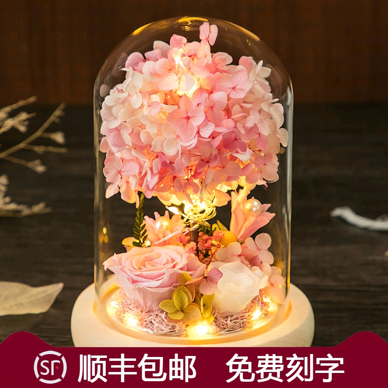 Preserved Flower Gift Box with Glass Cover Ornament, Carnation, Mother's Day Gift for Girlfriend, Wife, Mom, Birthday Gift, Rose