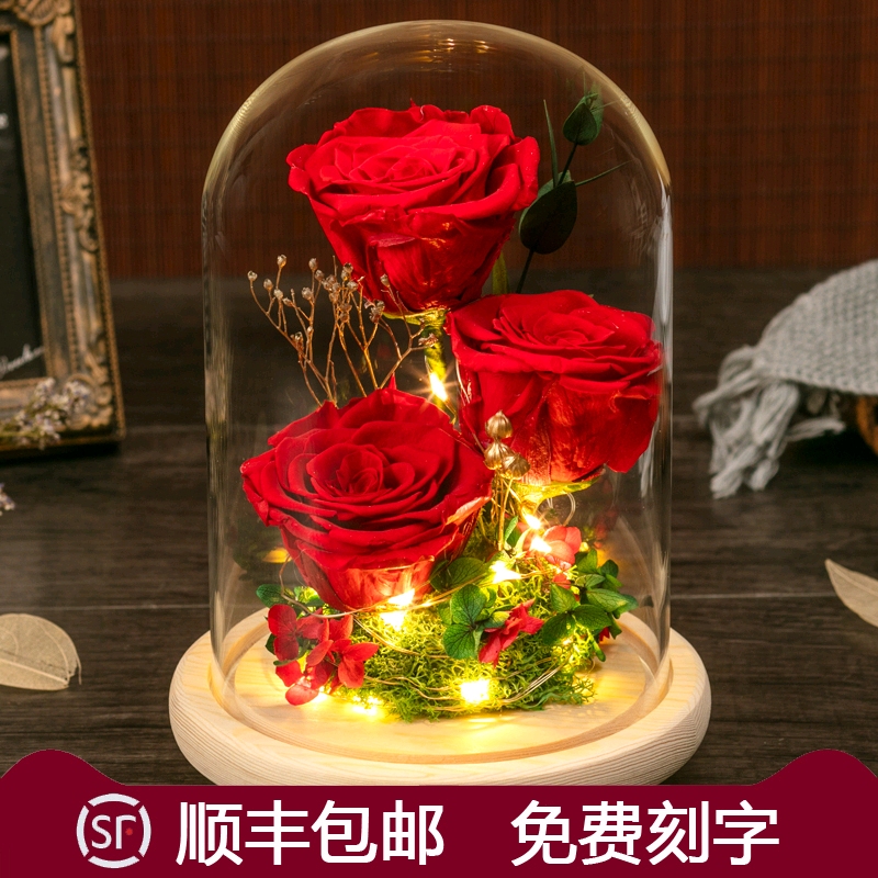 Eternal Flower Gift Box with Glass Cover Decoration, 520 Valentine's Day Gift for Girlfriend, Wife, Best Friend, Birthday Gift, Dried Rose Flowers