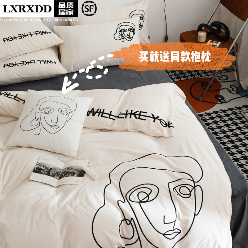 LXRXDD winter coral velvet four-piece double-sided velvet flannel thickened warm sheets quilt cover bedding