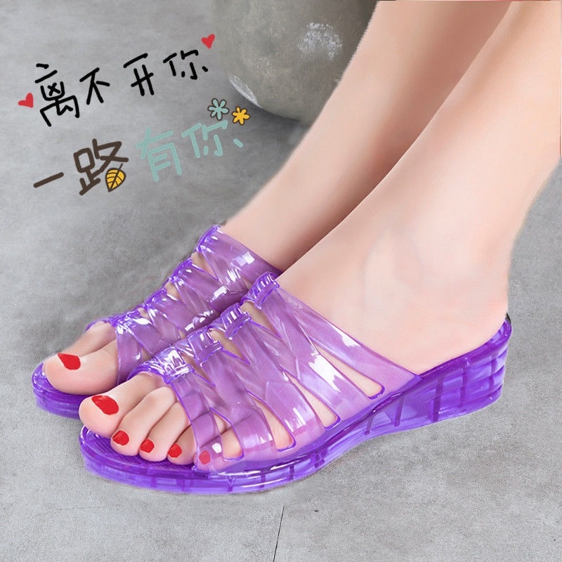 Plastic summer women's pink heel slippers crystal jelly fashion large size women's sandals 41 43 Bath non-slip
