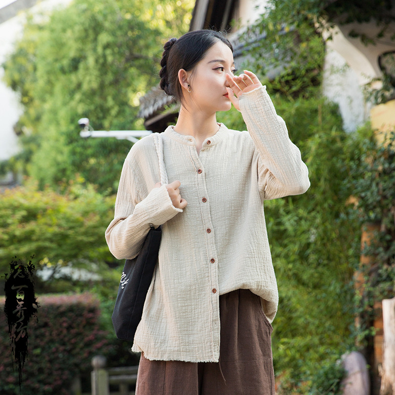 Qingdao Baixiu Fang Clothing Co., Ltd. Bamboo Texture Sand-Washed Soft Versatile Stylish Artistic Women's Shirt Qingdao Baixiu Fang Clothing Co., Ltd. Bamboo Texture Sand-Washed Soft Versatile Stylish Artistic Women's Shirt