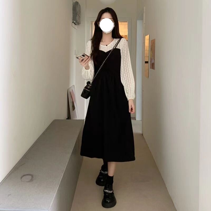 Women's Spring and Autumn Black Dress, Stylish Plus Size, Super Stylish, Plus Size for Curvy Women, Waist-Cinching, Slimming A-Line Dress